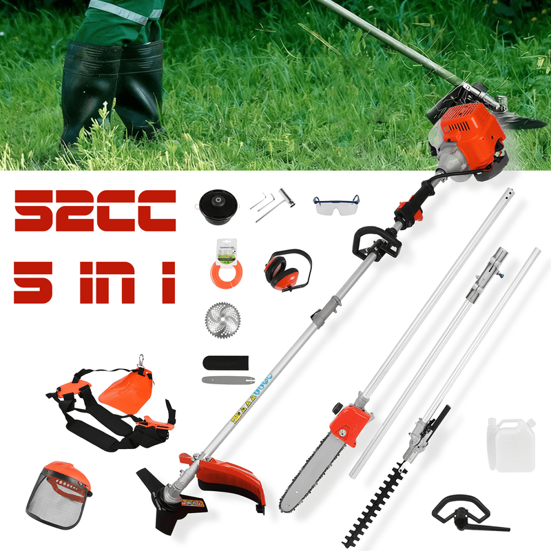 Floseru 5 in 1 Gas Weed Eater, 52CC 2-Stroke Weed Eater Gas Powered, Petrol Hedge Trimmer with Attachments, Brush Cutter Gas Weed Wacker for Weed Grass and Bush