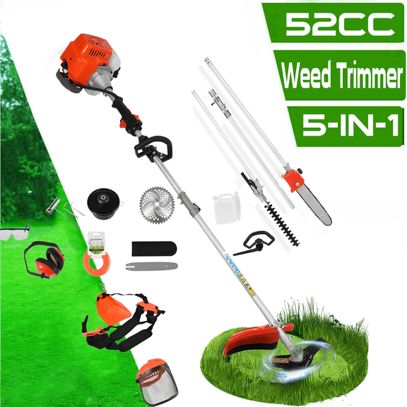 Floseru 5 in 1 Multifunctional Lawn Mower,52CC Gas Weed Trimmer,Cordless Weed Wacker,Cordless Hedge Trimmer & Grass Edger,2-Stroke Brush Cutter, Handheld Chainsaw Hedge Pruner