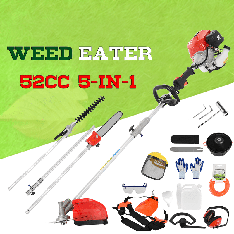 Floseru 5 in 1 Weed Wacker Gas Powe, 52CC 2-Stroke String Trimmer/Edger, Pole Saw, Hedge Trimmer and Brush Cutter Blade with Extension Pole – Gas Powe Yard Tool for Landscaping