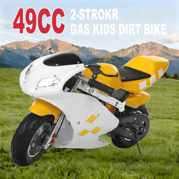 Floseru 50cc 2-Stroke Pocket Rocket Motorcycle,Dirt Bike Mini Bike Gas Pocket Motorbike with Front Rear Disc Brakes Racing Max Speed 20MPH, Mini Bike Max Weight 170 LB, Dual Headlights Kids Gift