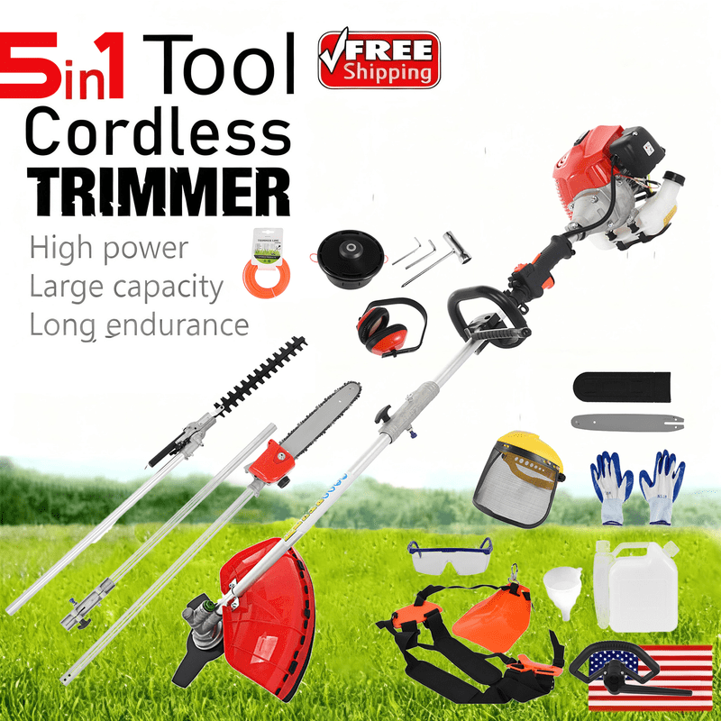 Floseru 52cc 2-Cycle Gas Weed Eater Gas Powe, 5-in-1 Gas Weed Wacker, Brush Cutter Gas Trimmer for Grass and Weed, Hedge Trimmer Gas String Trimmer, Edger, Pole Saw & Pruner