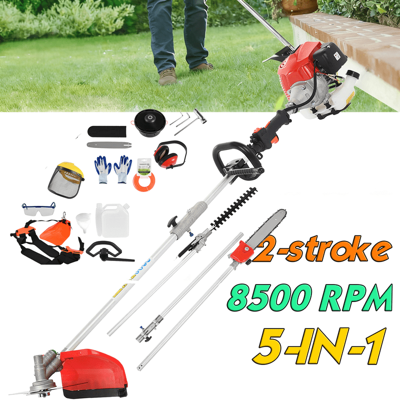 Floseru 52cc 5-in-1 Gas Weed Wacker, 2-Stroke Brush Cutter & String Trimmer, 2026 Upgraded Gas-Powe Weed Eater with 18" Trimmer, 10" Brush Cutter, Backpack Design,Safety Goggles & Gloves