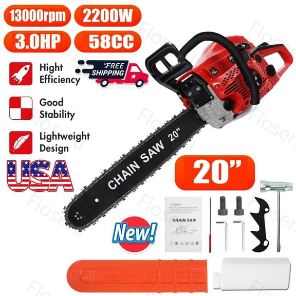 Floseru 58CC 2-Cycle Top Handle Gas Powered Small Chainsaw 20 Inch Petrol Handheld Cordless Chain Saw for Tree Wood Cutting