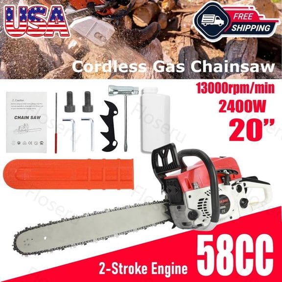 Floseru 58CC Gas Chainsaw, 20 Inch Chain Saw with 2 Stroke Engine, Gas Power Chainsaw with Non-Slip Handle, 550ml Fuel Tanks for For Forest, Garden, Farm Tree and Wood Cutting Use