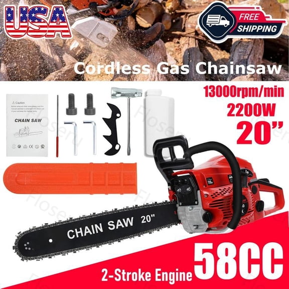 Floseru 58CC Gas Powered Chainsaw 20 Inch, 2-Cycle Engine with 1 Chain & Bar, Gas Chain Saw for Tree Felling, Logging, and Firewood Cutting