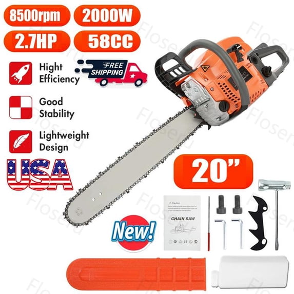 Floseru 58CC Gas Powered Chainsaw 20 Inch, Lightweight Top Handle Handheld Chainsaw with Quenched Chain, Auto Lubrication, Safety Lock & Quick Stop for Tree Wood Cutting