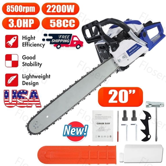 Floseru 58cc Gas Chainsaw,20 Inch Gasoline Powered Chain Saw 2-Stroke Gas Chainsaws,Durable Portable Chain Saw for Wood Cutting,Tree Pruning and Firewood Preparation