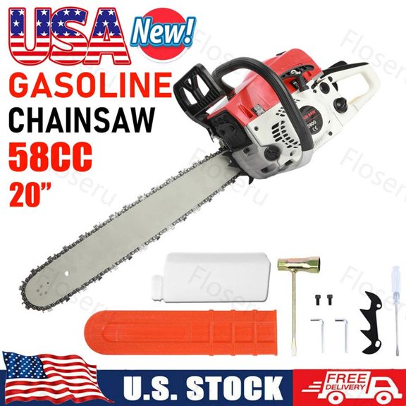 Floseru 58cc Gas Chainsaw, 20 Inch Professional Chainsaw with 2-Cycle Engine & Anti-Vibration System, Quick Start Technology for Tree Cutting, Firewood, Logging
