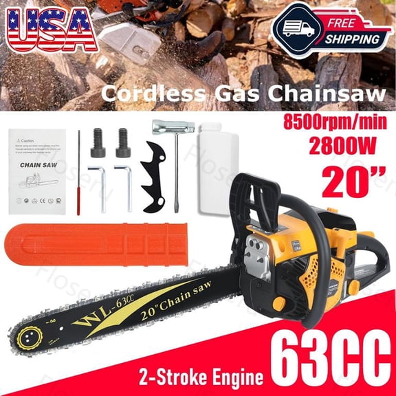 Floseru 63 cc Gas Powered Chainsaw, 20 in Quick-Switch Bars – 550 ml Fuel Tanks, Automatic Chain Oiler, Centrifugal Air Filter, Quick Start, Inertial Chain Brake