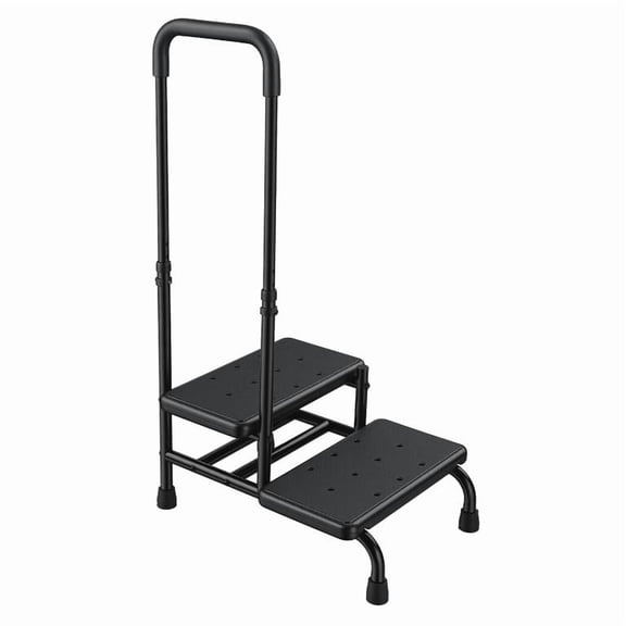 Floseru Black Step Stool with Adjustable Handrail, 2 Step Design 330lbs Capacity, High Carbon Steel Construction, Non-Slip Rubber Feet, for Bedside Bathtub RV, 22 x 16 x 39 Inch