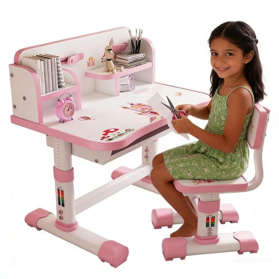 Floseru Children Learning Desk and Chai Set, Children Study Desk with Chair,Kids Widened Desktop Cartoon Pattern Pink Desk Chair, Suitable for Reading, Learning, Writing, Painting, Etc
