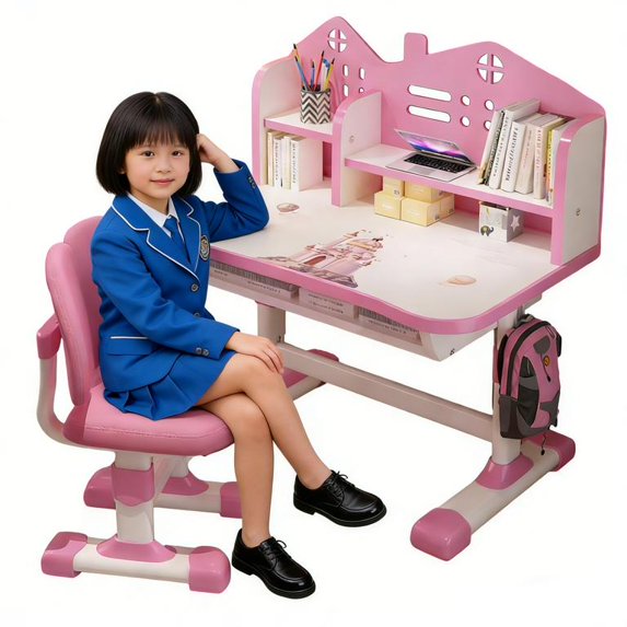 Floseru Children Learning Desk and Chair Set Pink Desk Set Height Adjustable with Drawers and Storage Compartments Cartoon Learning Desks and Chairs for Girls