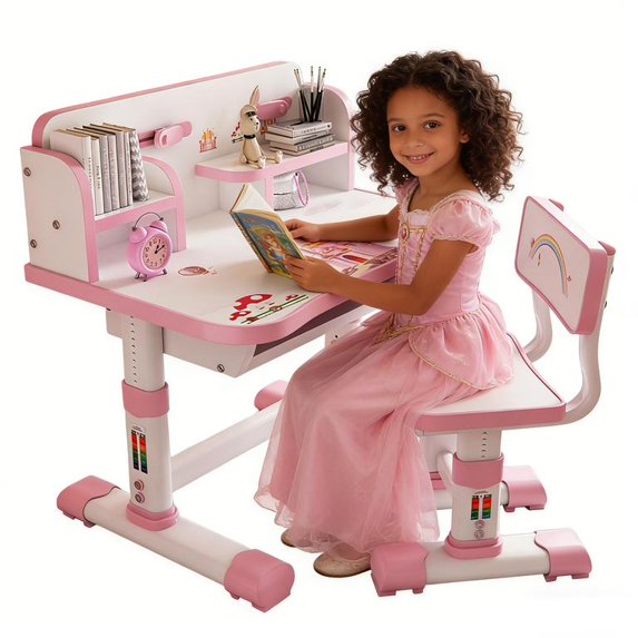 Floseru Desk for Kids, Kids Desk and Chair Set Adjustable Height with Drawers and Storage, Cartoon Pattern, Curved Desktop School Study Table for Girls