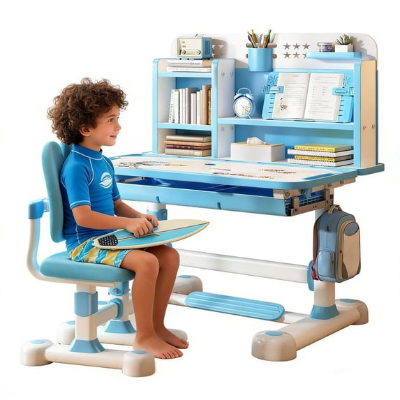 Floseru Desk for Kids, Kids Desk and Chair Set Height Adjustable for Girls, Kid Study Table and Chair Set with Widened Desktop Storage Drawer