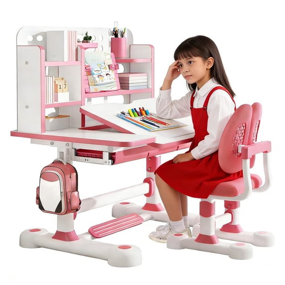 Floseru Desk for Kids, Kids Desk and Chair Set Height Adjustable for Girls, Kid Study Table and Chair Set with Widened Desktop Storage Drawer