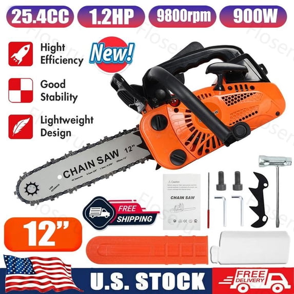 Floseru Gas Chainsaw 25.4CC 12 Inch Professional Powerful 2-Stroke Engine for Tree Cutting, Logging and Firewood