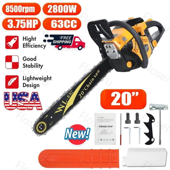 Floseru Gas Chainsaw, 63-cc 3.75-HP, 2-Cycle Engine, 20 Inch Chainsaw with Automatic Oiler, For Wood Cutting and Tree Trimming
