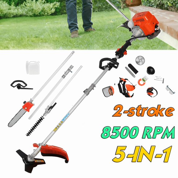 Floseru Gas Weed Eater, 5 in 1 Multifunctional Cordless Hedge Trimmer String Trimmer 52cc 2 Stroke 8500Rpm Brush Cutter Garden Tool