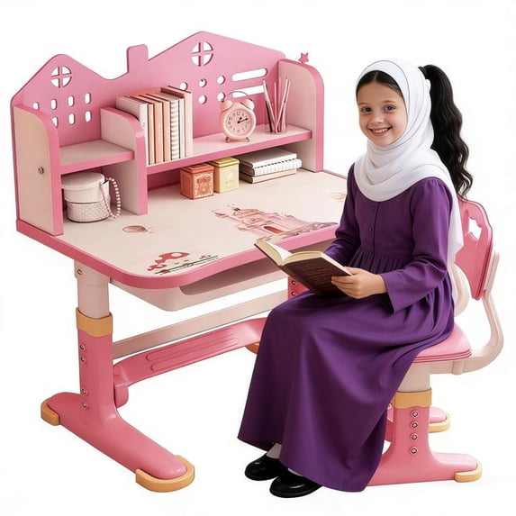 Floseru Height Adjustable Children's Desk and Chair Set with Storage Drawers for Children's Home and Bedroom Furniture, Divided, School Study Room, Good for Homework, Study, Gift for Boys and Girls