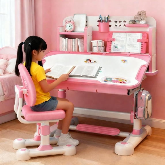 Floseru Height Adjustable Kids Desk and Chair Set, Childrens Desk with Bookstand and Storage Drawer, Kids Study Table and Chair Set, Kid Study Table and Chair Set