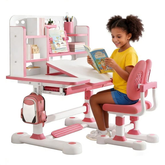 Floseru Kid Functional Desk and Chair Set, Height Adjustable Ergonomic Kids Art Table and Chair with Tiltable Desktop, Storage Drawer, Bookshelf, Hand-Cranked Lift, Desk for Kids Bedroom 6-12