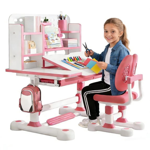 Floseru Kid's Study Desk and Chair Set, Ergonomic Kids Study Desk & Chair Set - Adjustable Tilt Desktop, Height Adjustable, Spacious Writing Area with Storage for Homework & Creative Play