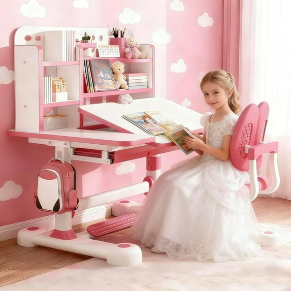 Floseru Kid's Study Desk and Chair Set, Height Adjustable Children's Desk and Chair Set with Bookshelf and Storage Drawer, 50-Degree Tiltable Desktop Study Table with Chair for Bedroom Study Room