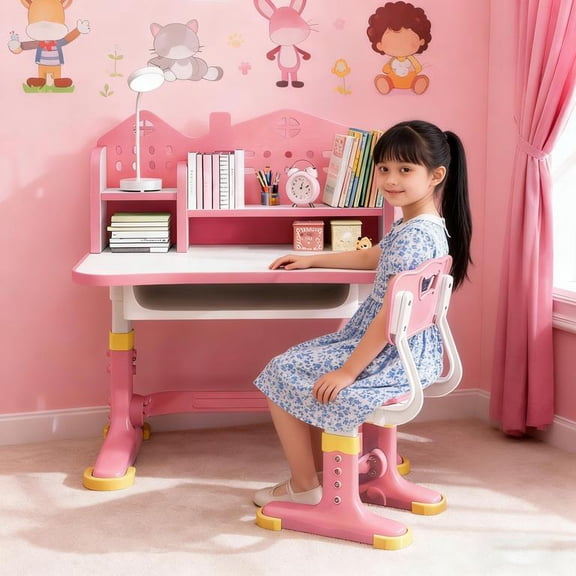 Floseru Kids Adjustable Study Desk & Chair Set, Girl Desk, Child Toddler Homework Table, Princess Children Preschool Desk for Computer Writing Homework, Escritorio Mesas para Niña