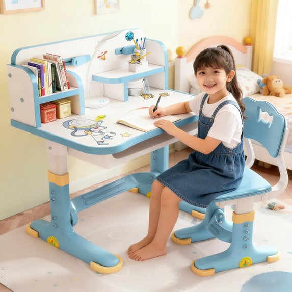 Floseru Kids Adjustable Study Desk & Chair Set w/Storage,Drawers,Bookshelf,Child Toddler Writing Homework Table,Little Girl Work Computer Desk,Princess Preschool Desk,Escritorio Mesas para Niña