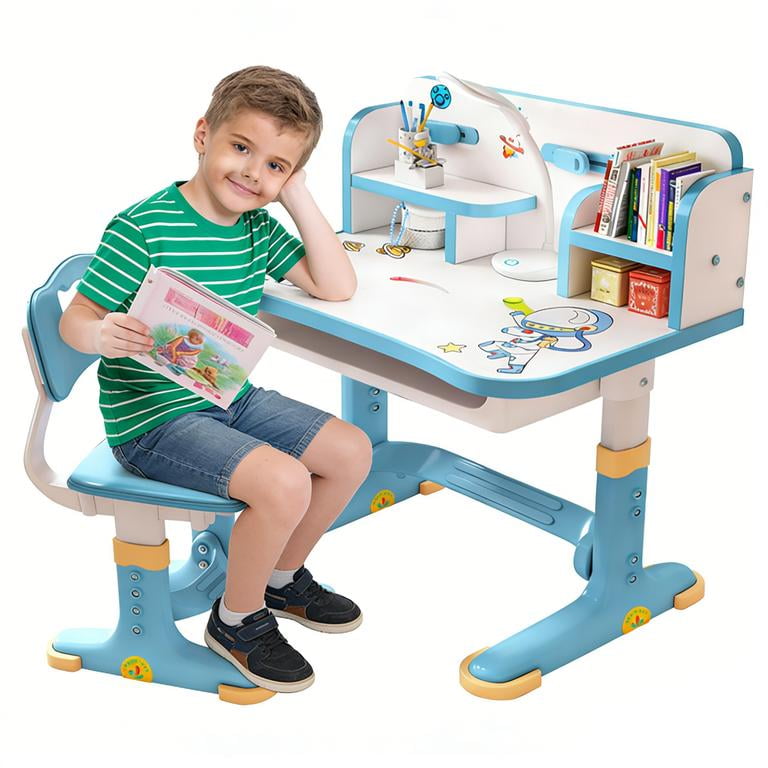 Floseru Kids Desk and Chair Set, Adjustable Height Children Study Table and Chair Set with Drawer, Cartoon Pattern Study Table for Toddlers 3-12 Years