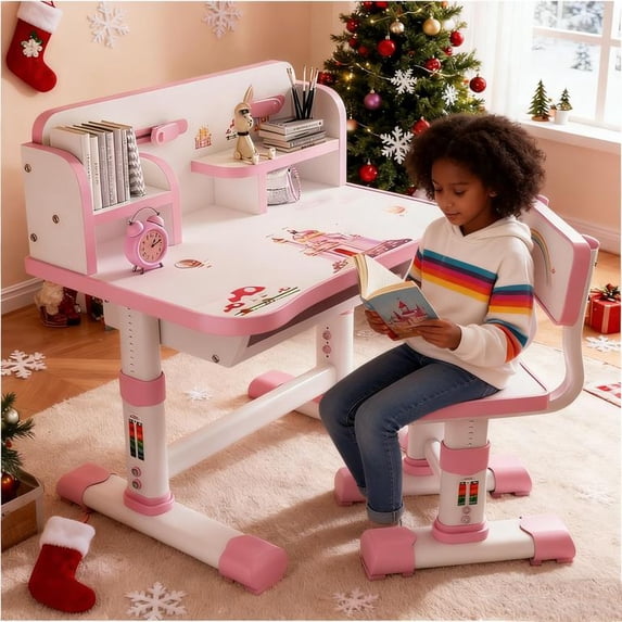 Floseru Kids Desk and Chair Set, Adjustable Height Ergonomic Study Table with Vision Protection & Book Bucket, 3-18 Years Children's Writing Desk Set with Cartoon Pattern, Easy Assemble