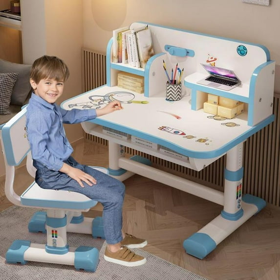 Floseru Kids Desk Chair Set, Children Table and Chair Set Multi Functional Widened Desktop with Tilt Book Stand Drawer Cartoon Pattern Height Adjustable School Study Desk Set for Boys Girls