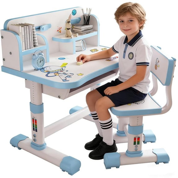 Floseru Kids Desk Chair Set, Children Table and Chair Set Multi Functional Widened Desktop with Tilt Book Stand Drawer Cartoon Pattern Height Adjustable School Study Desk Set for Boys Girls