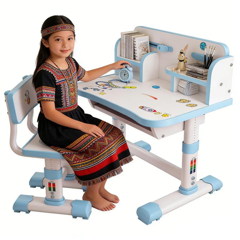 Floseru Kids Desk and Chair Set, Height Adjustable Astronaut Pattern Children School Desk with Shelf & Large Drawers, Kids Writing Study Table for Boys Girls 3+