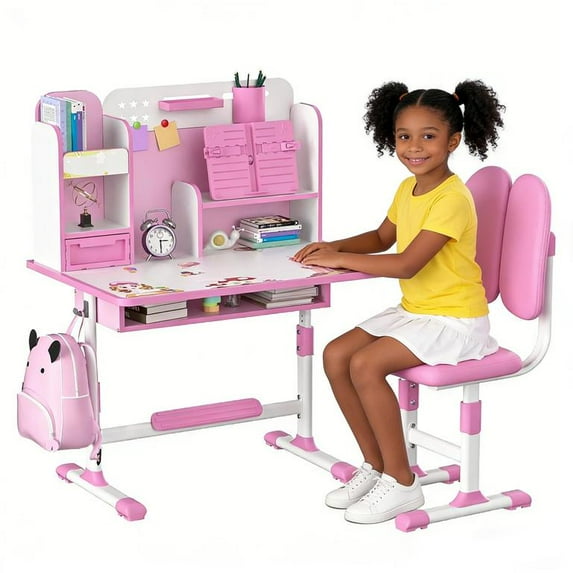 Floseru Kids Desk and Chair Set, Height Adjustable Children School Study Table and Chair Set, Kids Desk with Book Stand, Storage Drawer, Foot Pedal, Side Hook