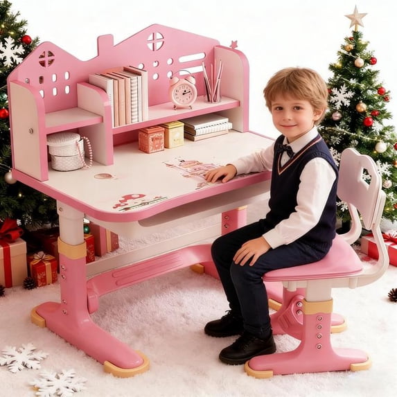 Floseru Kids Desk and Chair Set, Height Adjustable Children's Study Desk with Spacious Storage Drawer, Golden Distance Preventing Myopia Design for Kids