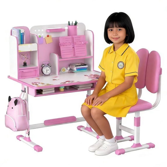 Floseru Kids Desk and Chair Set, Height Adjustable Children's Study Desk with Spacious Storage Drawer, Golden Distance Preventing Myopia Design for Kids