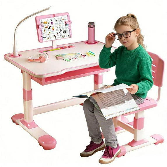 Floseru Kids Desk and Chair Set, Height Adjustable Children's Study Desk with Spacious Storage Drawer, Golden Distance Preventing Myopia Design for Kids