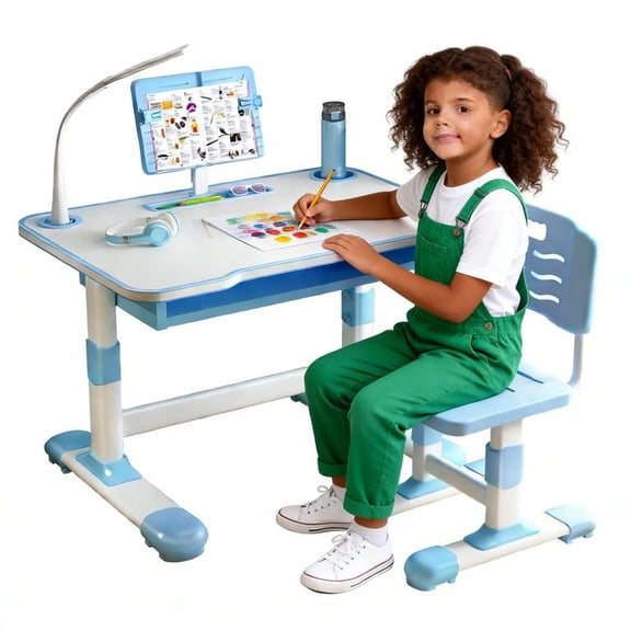 Floseru Kids Desk and Chair Set, Height Adjustable Children's Study Desk with Spacious Storage Drawer, Golden Distance Preventing Myopia Design for Kids