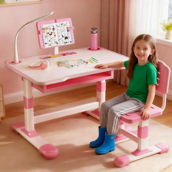 Floseru Kids Desk and Chair Set, Height Adjustable Kids Desk with Widened Tabletop, Detachable LED lamp, Back Support & Spine Protect, Prevent Myopia, for Boys & Girls 3+