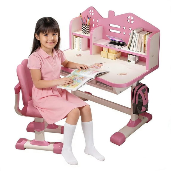 Floseru Kids Desk and Chair Set, Height Adjustable Kids Study Desk with Cartoon Pattern, Widened Tabletop, Spine Protect & Prevent Myopia, for Boys & Girls 3+