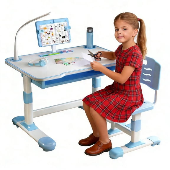 Floseru Kids Desk and Chair Set, Height Adjustable Kids Study Desk Chair Toddlers Writing Table with Tiltable Reading Stand, Bedroom Children Learning Table with Extra Large Drawer