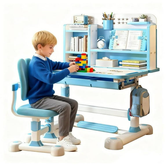 Floseru Kids Desk and Chair Set, Height Adjustable Kids Study Table and Chair Set, Children School Desk with Storage Drawer and Book Stand, Ergonomic Child Toddler Deskwith Sitting Posture Corrector