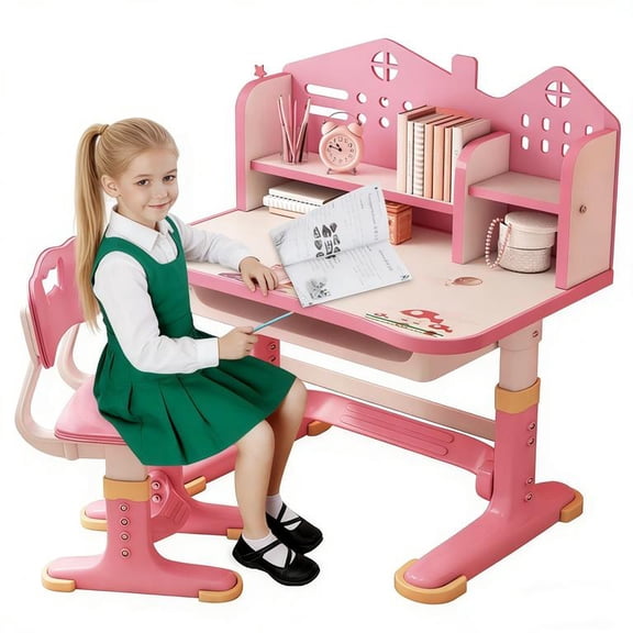 Floseru Kids Desk and Chair Set, Height Adjustable Kids Study Table and Chair Set, Children School Desk with Storage Drawer and Book Stand, Ergonomic Child Toddler Deskwith Sitting Posture Corrector