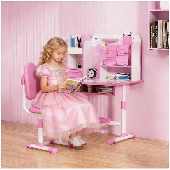 Floseru Kids Desk and Chair Set, Height Adjustable Toddler Desk and Chair Set, Children Study Table Chair Set with Sitting Corrector, Kids Art Desk with Storage and Drawers for Bedroom Reading