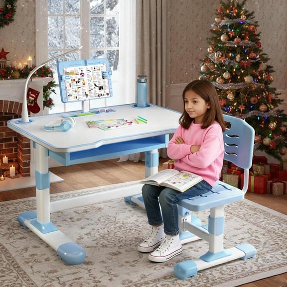 Floseru Kids Desk and Chair Set, Kids Study Desks and Chair Set for Girls Boys, Girls Boys Art Desk, Home School Drafting Desks for Childrens, Height Adjustable, with Light, Book & Bottle Holder