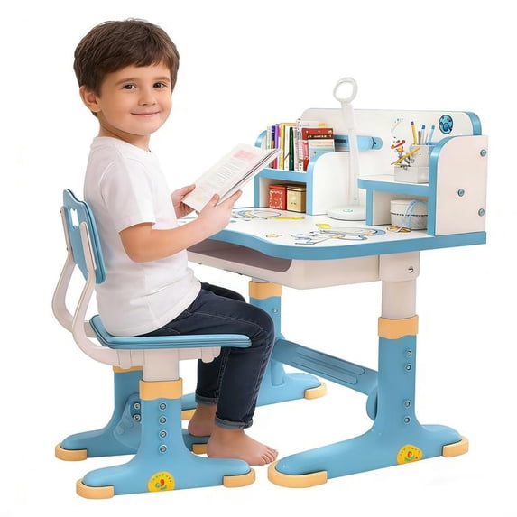 Floseru Kids Desk Set,Cartoon Pattern Height Adjustable Children Table Chair Set Ergonomic Scientific Separation Study Writing Desk with Drawer Birthday Halloween for Boys Girls
