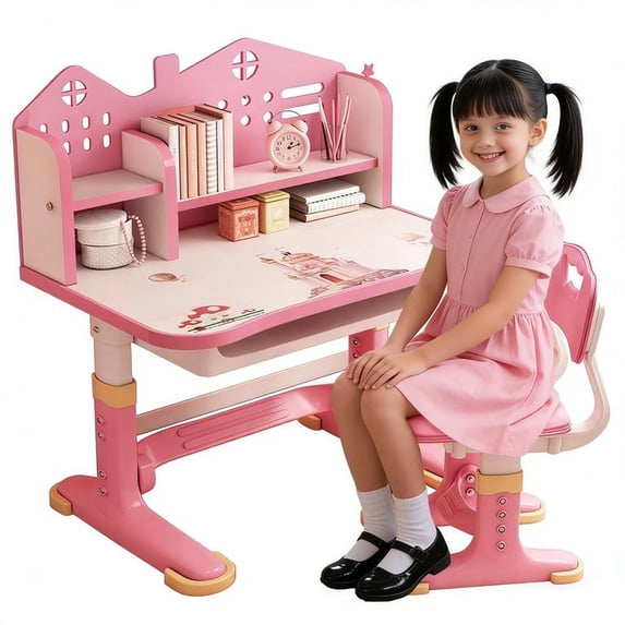 Floseru Kids Desk and Chair Set Adjustable School Study Desk with Castle Backboard, Wide Tabletop, Bookstand & Storage Drawer for Children's Room