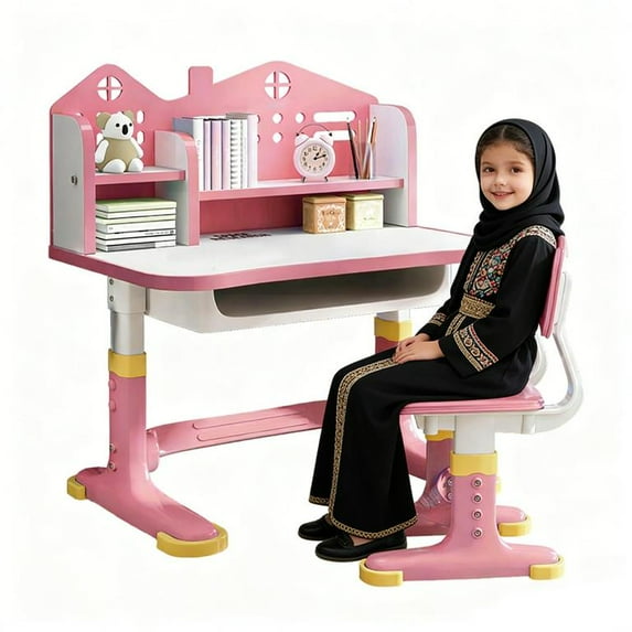 Floseru Kids Functional Desk and Chair Set, Ergonomic Height Adjustable Child's School Study Writing Tables with Book Stand, Storage Drawer and Widened Desktop for Bedroom, Study Room