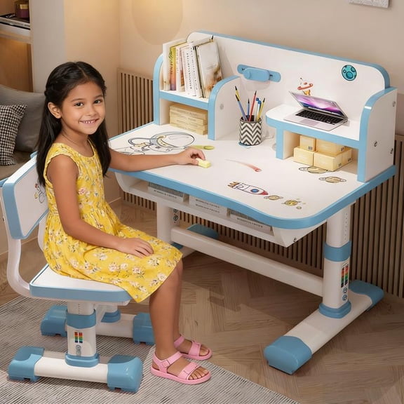 Floseru Kids Functional Desk and Chair Set, Kids' Desk and Chair Set, Kids Study Desk Chair Set Height Adjustable Children School Study Table Chair Set with Cartoon Pattern, Drafting Desk